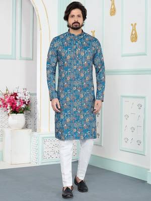 Blue art silk straight kurta for men 1