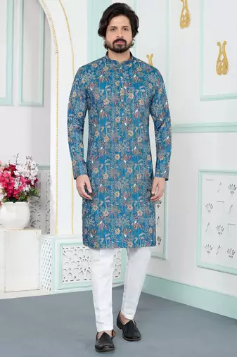 Blue art silk straight kurta for men