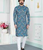 Blue art silk straight kurta for men