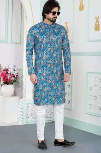 Blue art silk straight kurta for men