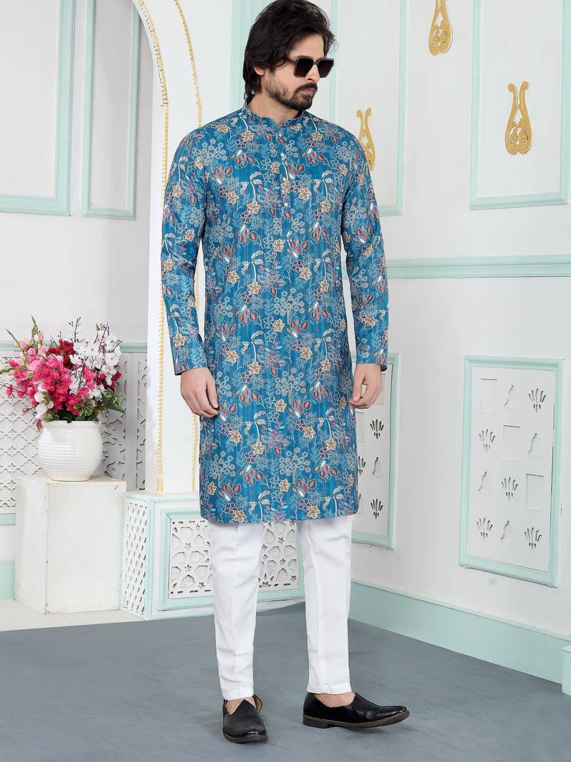 Blue art silk straight kurta for men
