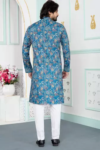 Blue art silk straight kurta for men