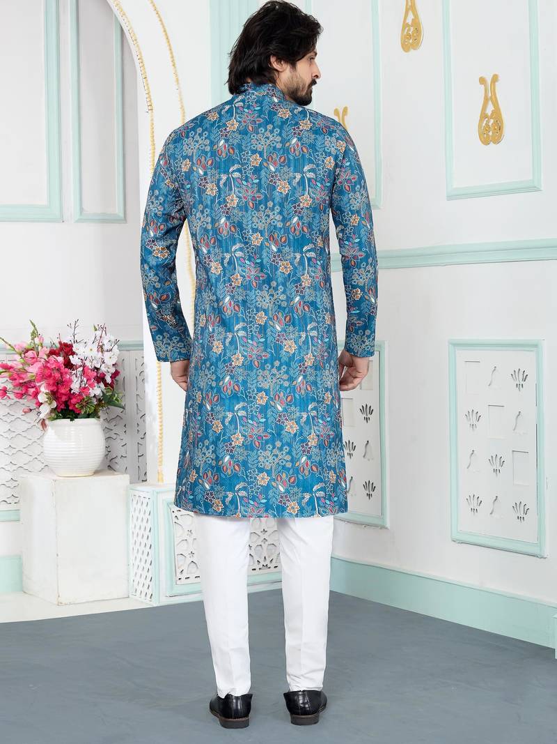 Blue art silk straight kurta for men