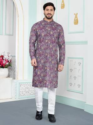 Purple art silk straight kurta for men 1