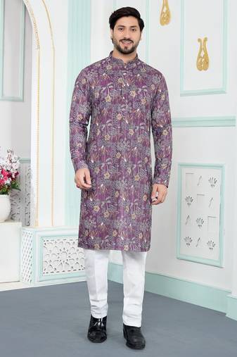 Purple art silk straight kurta for men