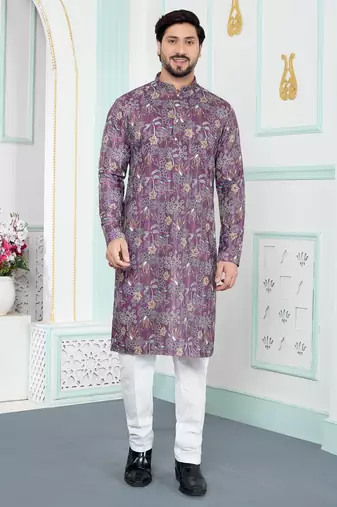 Purple art silk straight kurta for men