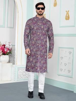 Purple art silk straight kurta for men 2
