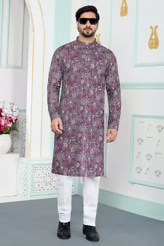 Purple art silk straight kurta for men