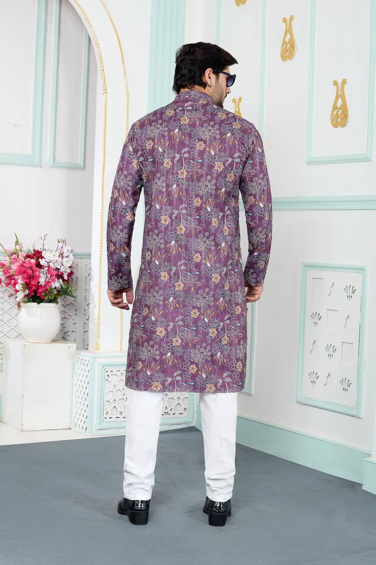 Purple art silk straight kurta for men