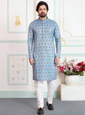 Blue art silk straight kurta for men 1