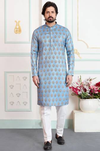 Blue art silk straight kurta for men