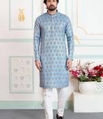 Blue art silk straight kurta for men