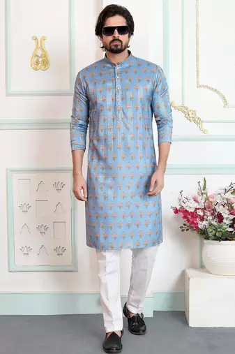 Blue art silk straight kurta for men