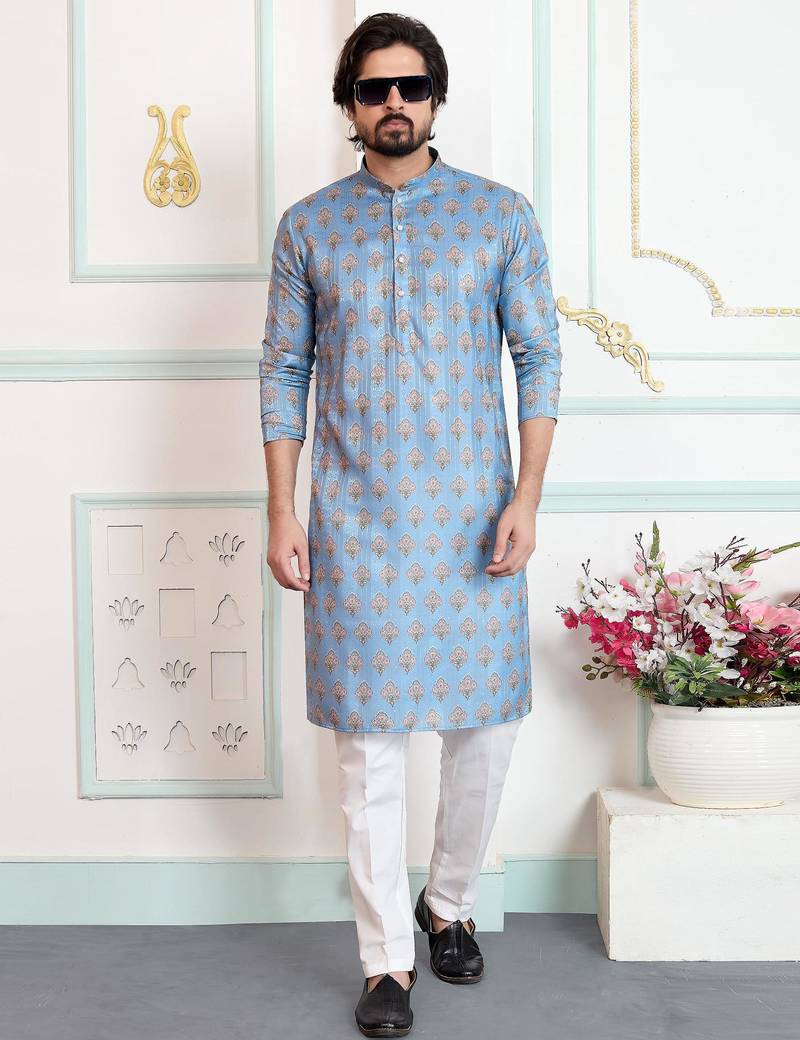 Blue art silk straight kurta for men