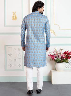 Blue art silk straight kurta for men 3