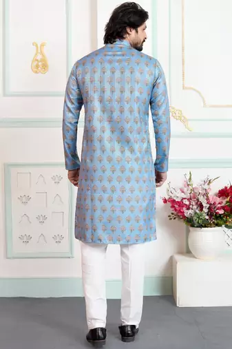 Blue art silk straight kurta for men