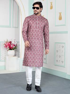 Brown art silk straight kurta for men 2