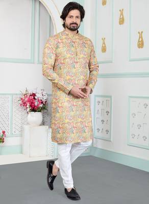Yellow art silk straight kurta for men 1