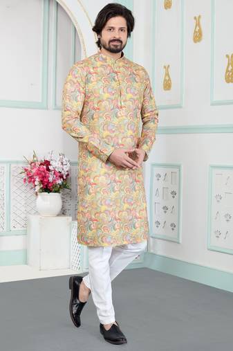 Yellow art silk straight kurta for men