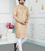 Yellow art silk straight kurta for men