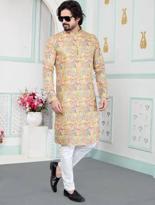 Yellow art silk straight kurta for men 2