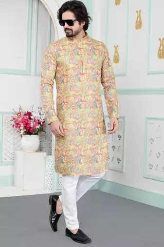 Yellow art silk straight kurta for men