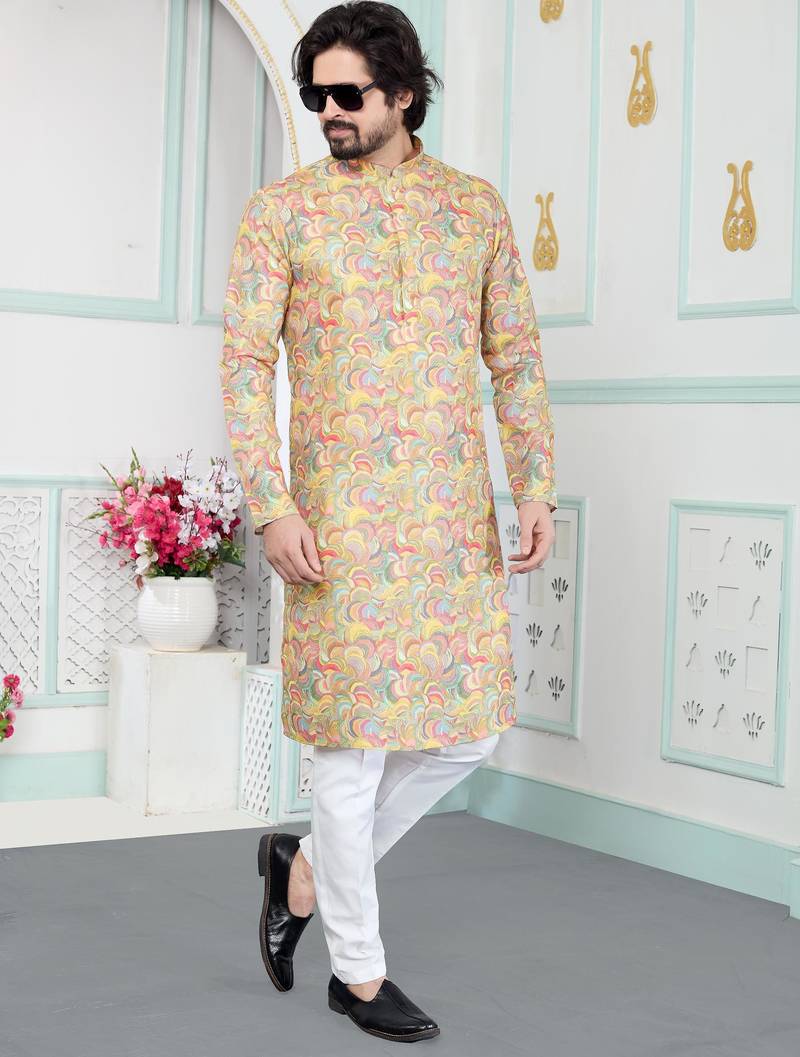 Yellow art silk straight kurta for men
