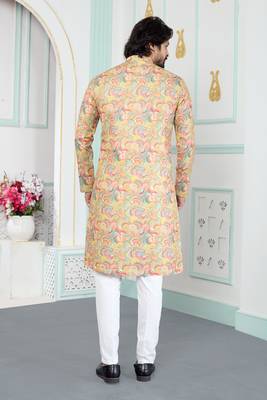Yellow art silk straight kurta for men 3