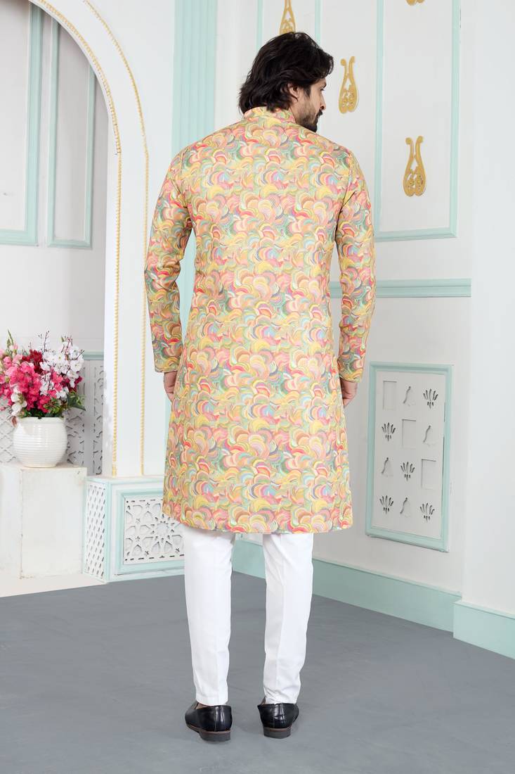Yellow art silk straight kurta for men