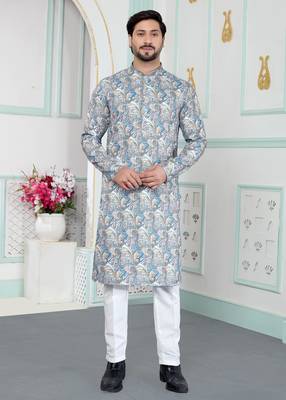 Blue art silk straight kurta for men 1