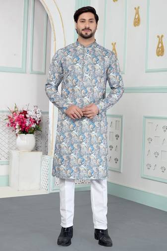 Blue art silk straight kurta for men