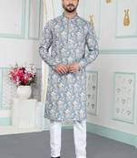 Blue art silk straight kurta for men