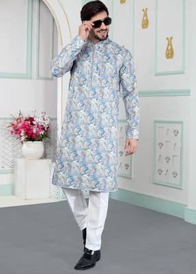 Blue art silk straight kurta for men 2