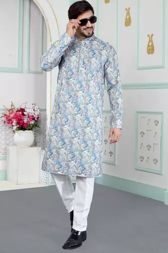 Blue art silk straight kurta for men