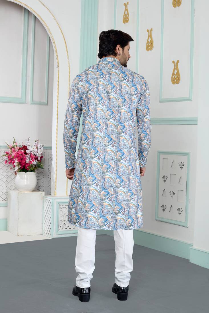 Blue art silk straight kurta for men