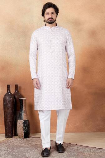 Pink art silk straight kurta for men