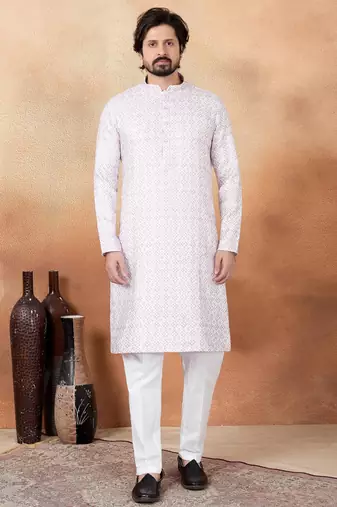 Pink art silk straight kurta for men