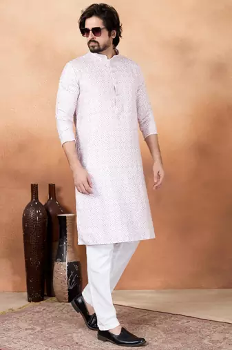 Pink art silk straight kurta for men