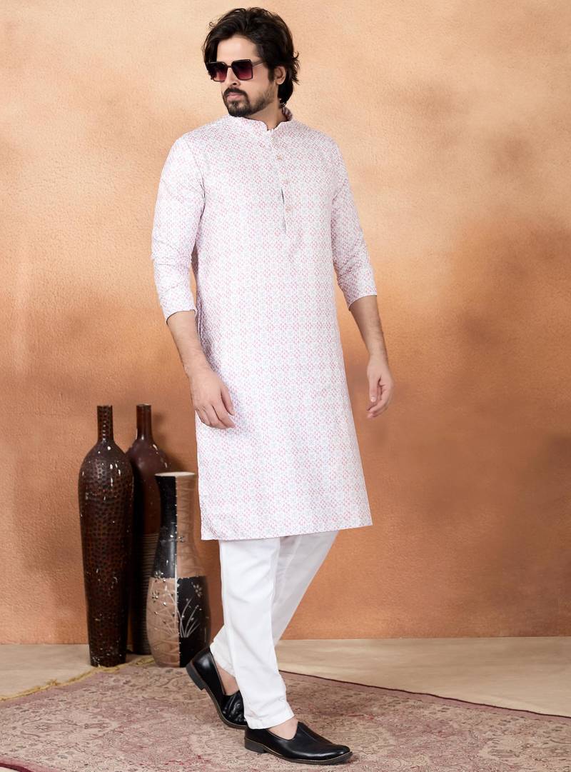Pink art silk straight kurta for men