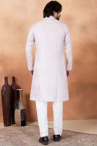 Pink art silk straight kurta for men