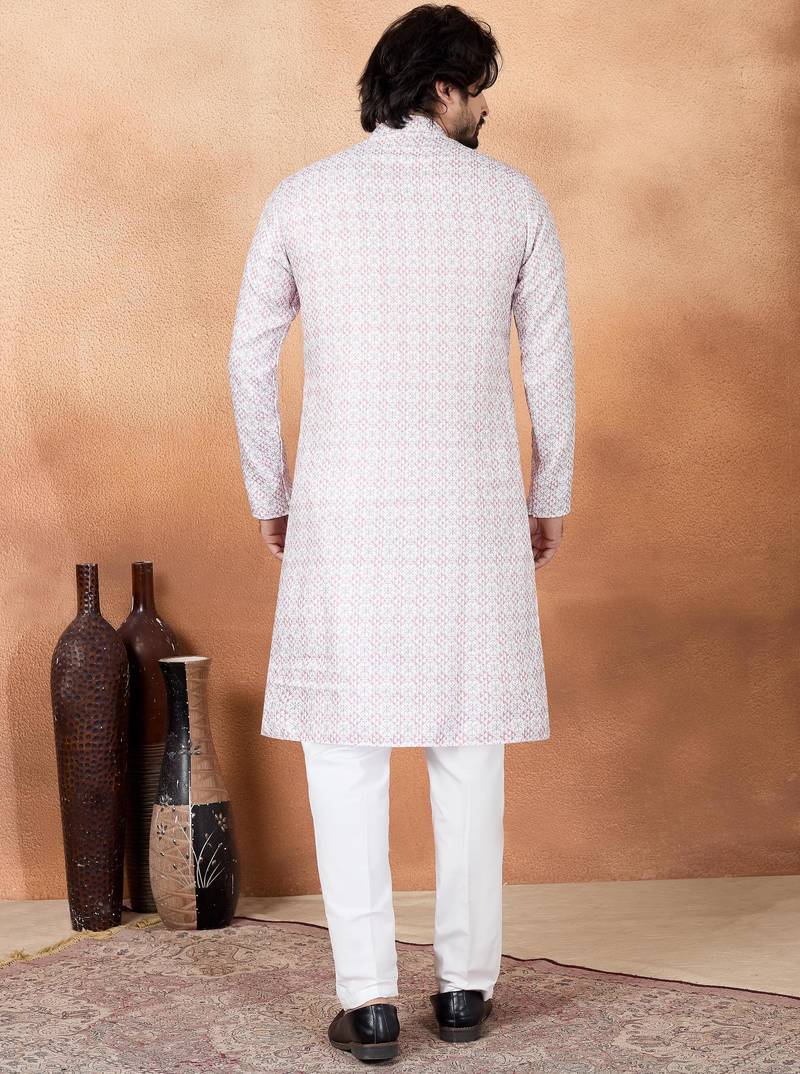 Pink art silk straight kurta for men