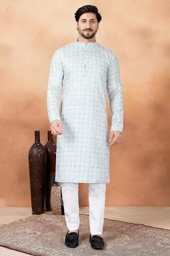 Green art silk straight kurta for men