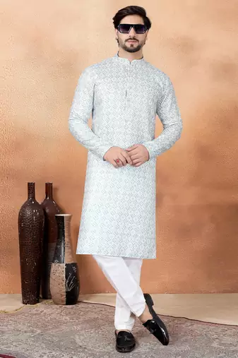 Green art silk straight kurta for men