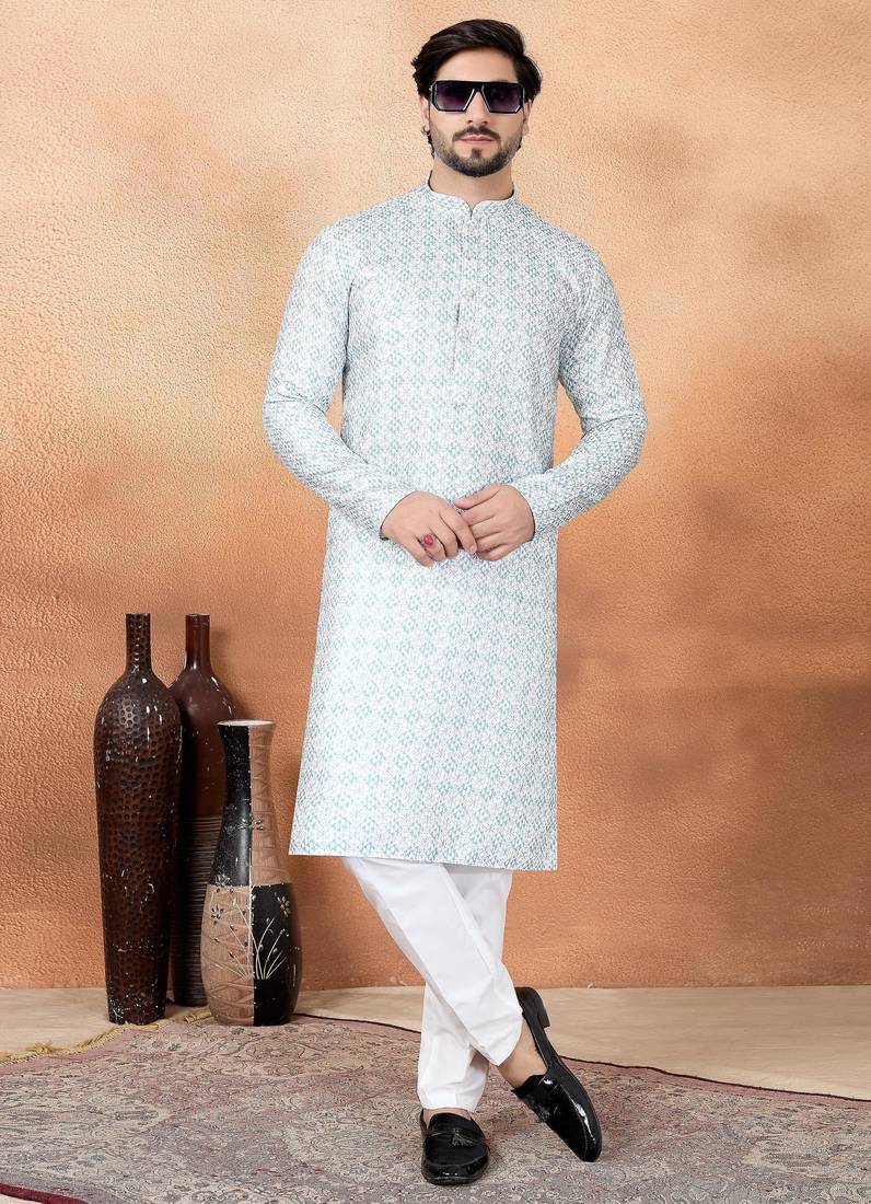 Green art silk straight kurta for men