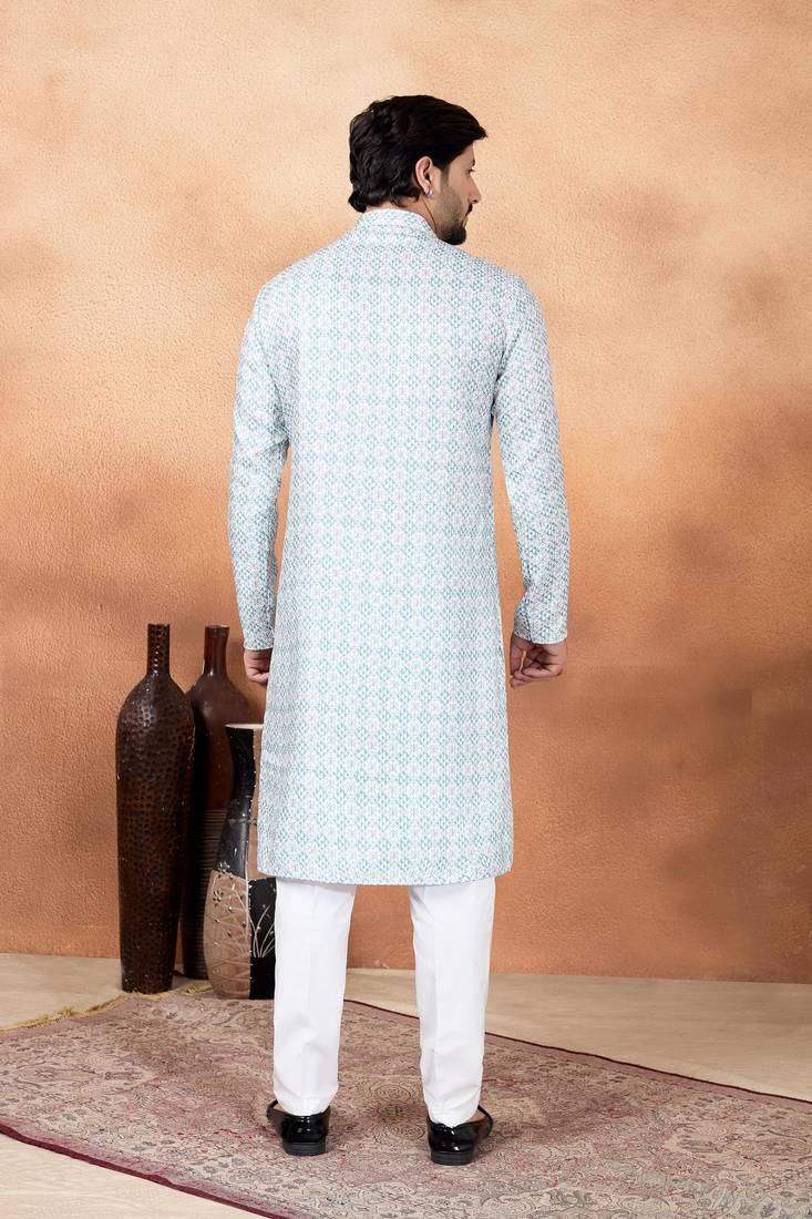 Green art silk straight kurta for men