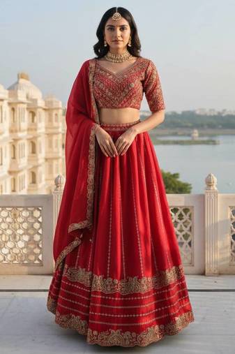 Red Silk Zari Swqunce Embroidery Work Lehenga choli For Women's