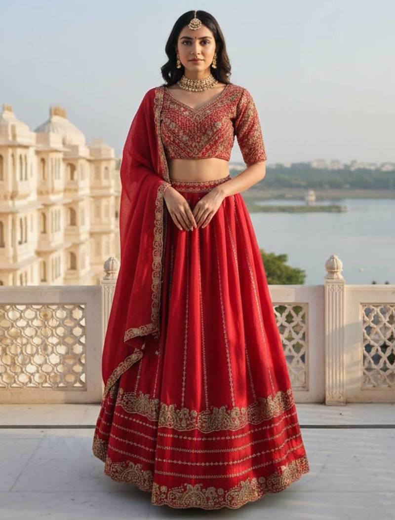 Red Silk Zari Swqunce Embroidery Work Lehenga choli For Women's