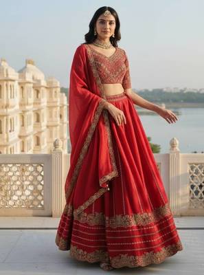 Red silk blend Zari Swqunce Embroidery Work Lehenga choli For Women's 2