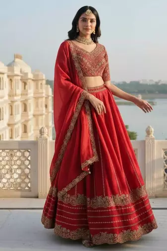 Red Silk Zari Swqunce Embroidery Work Lehenga choli For Women's