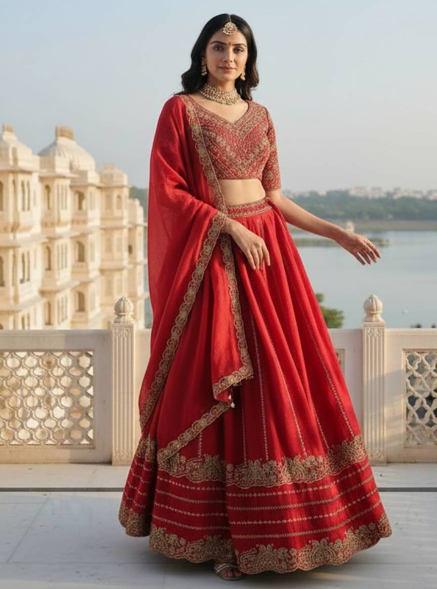 Red Silk Blend Zari Swqunce Embroidery Work Lehenga Choli